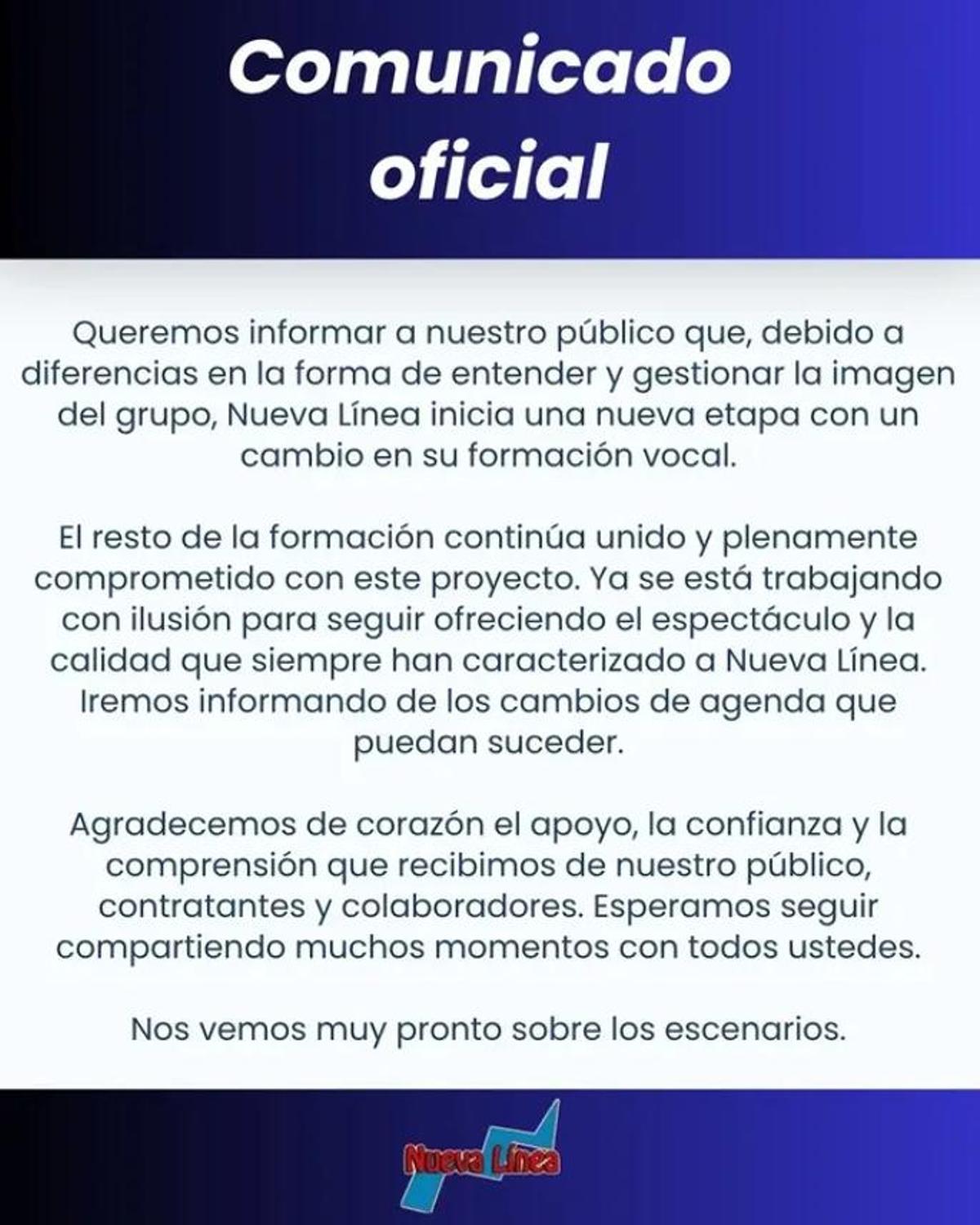 Comunicado oficial de Nueva Línea.