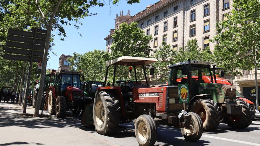 Els tractors que tallen parcialment la Gran Via de Barcelona a l'alçada de la seu del Departament d'Acció Climàtica