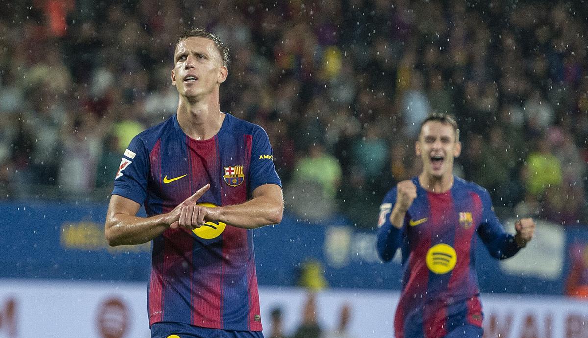 Olmo celebra el gol marcado al Getafe en el partido de Liga jugado en el estadio Johan Cruyff.