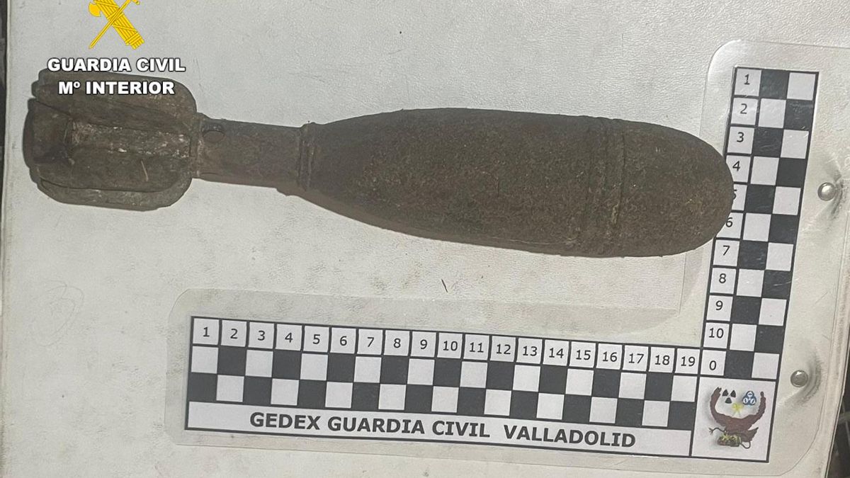 Imagen del proyectil de mortero encontrado en el Centro de Tratamiento de Residuos de San Román de la Vega (León)