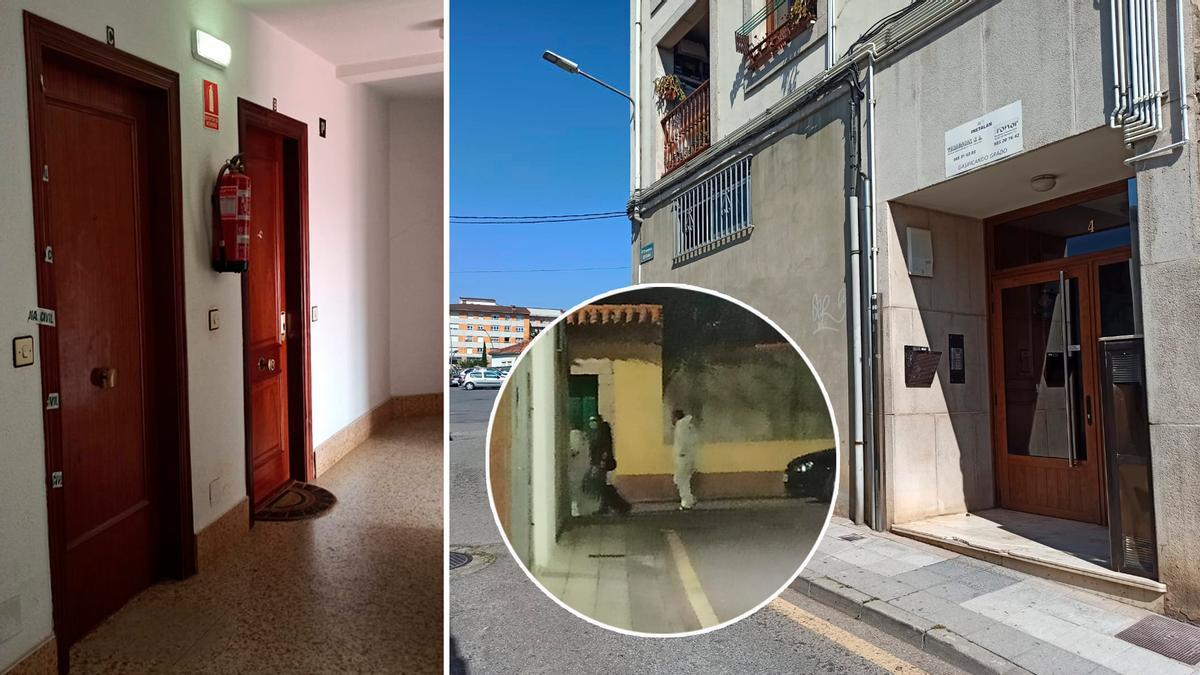 La fachada y el portal  de la vivienda en la que se produjo el fallecimiento. En el círculo, agentes en el lugar de suceso.