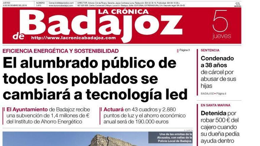 Esta es la portada de LA CRÓNICA DE BADAJOZ correspondiente al día 5 de diciembre del 2019