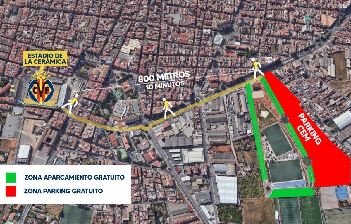 Mapa de los aparcamientos habilitados para el Villarreal-Valencia.