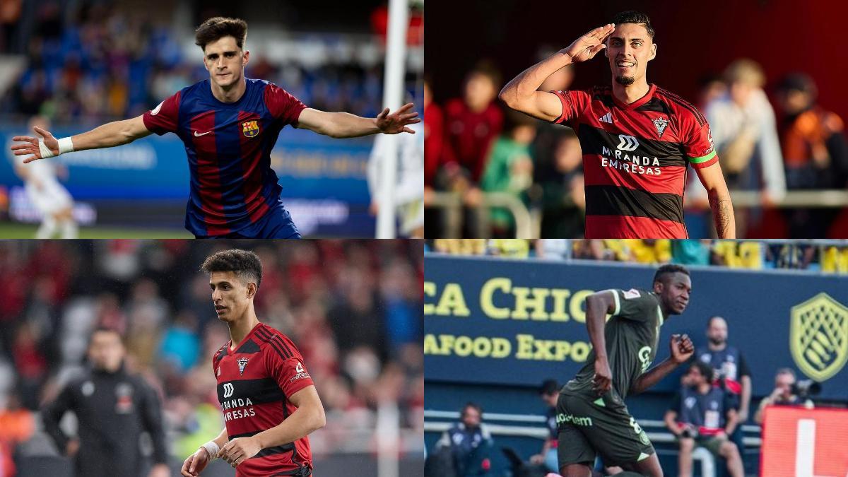 De izquierda a derecha: Pau Víctor (Barça Atlètic), Gabri, Ilyas y Ibrahima Kebé (Mirandés)