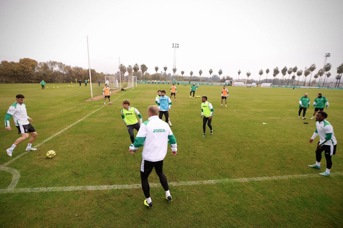 Los futbolistas del Córdoba CF ensayan en rondos durante un entrenamiento.