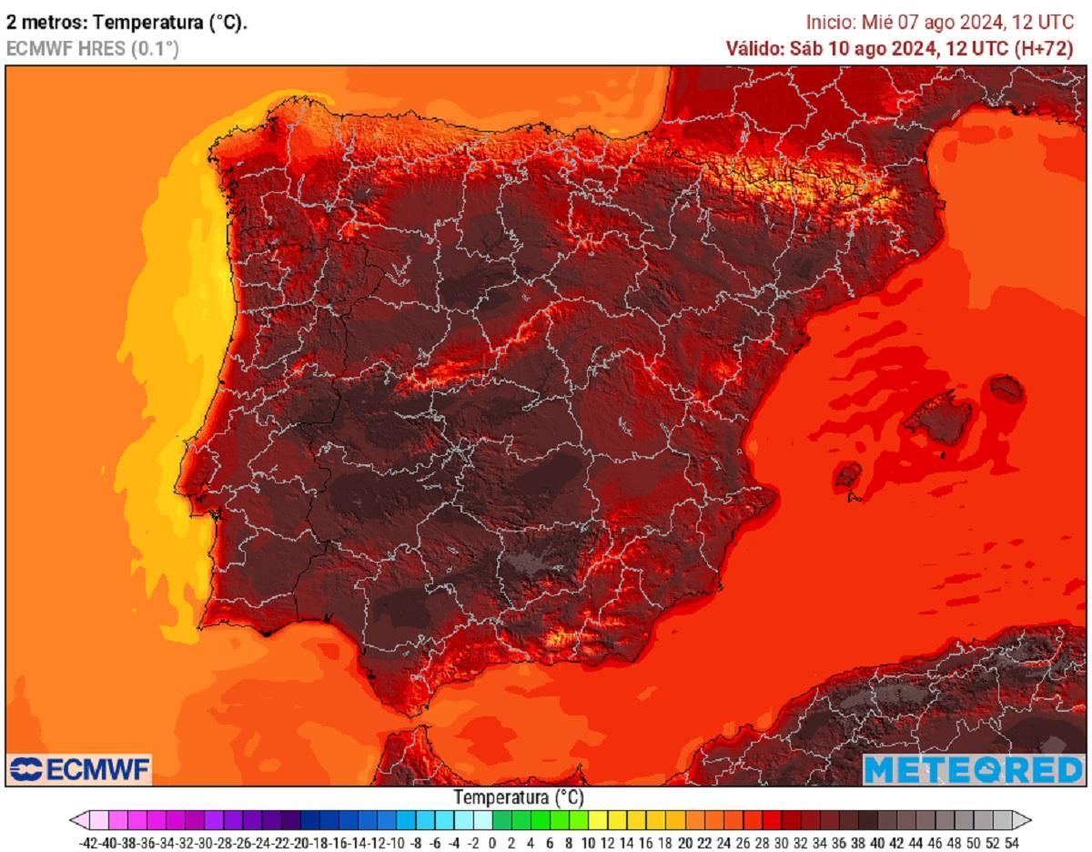 Mapa con las temperaturas máximas previstas para el sábado, según el modelo ECMWF