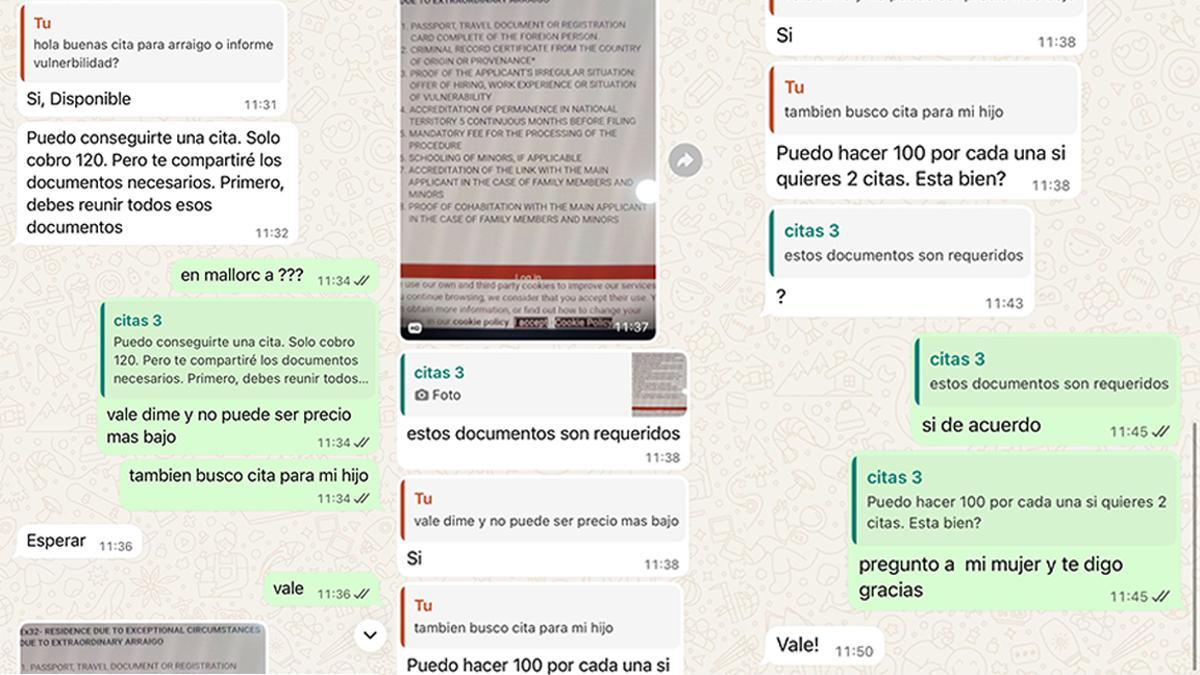 Conversación a través de WhatsApp con uno de los individuos que mercadea con las citas previas.