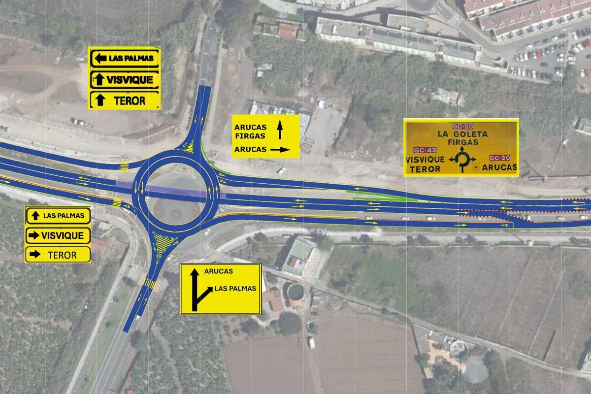 Mapa de los desvíos de tráfico, que se aplicarán este lunes en Arucas.