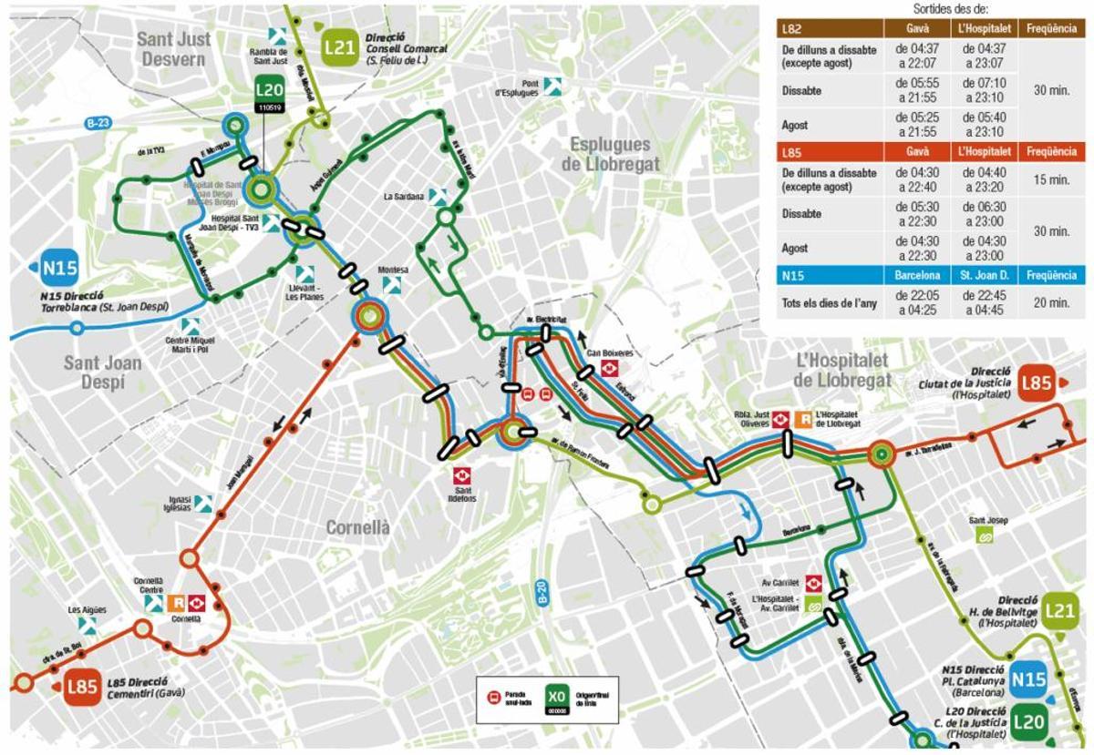 Mapa de la reconfiguración de los recorridos de las líneas de bus en Esplugues, L'Hospitalet y el Baix Llobregat