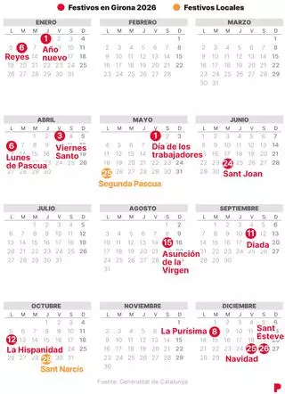 Calendario laboral de Girona de 2026 (con todos los festivos)