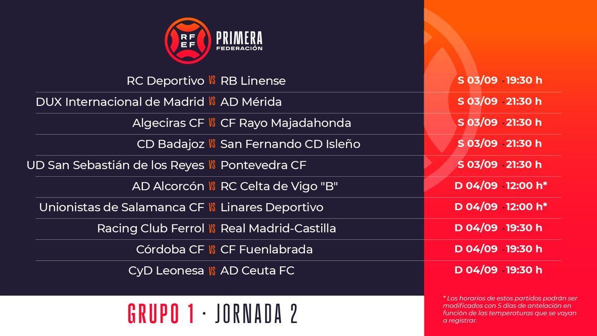 Horarios jornada 2 en la Primera RFEF Grupo 1.