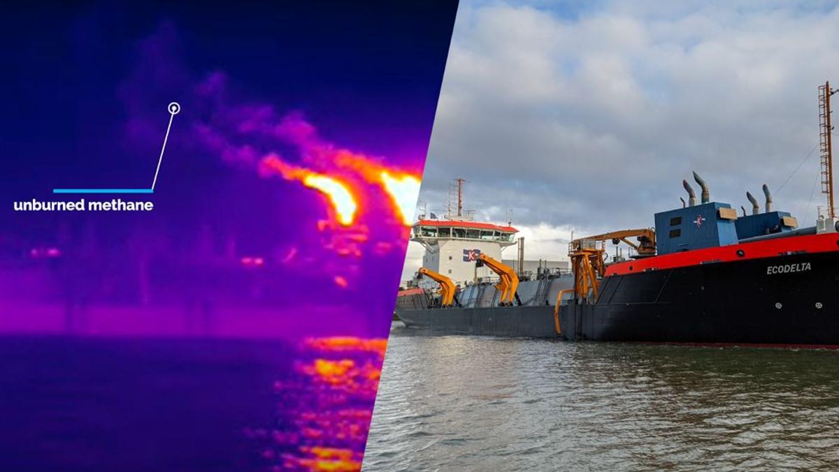 A la izquierda, emisiones de metano en un barco de GNL