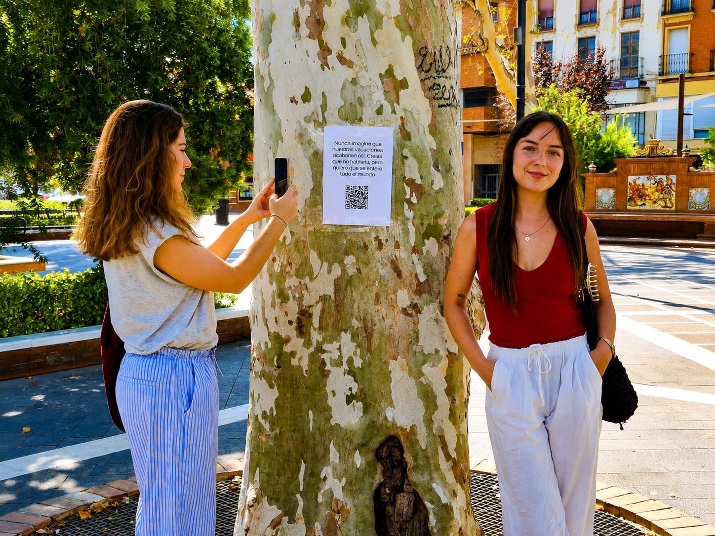 Almudena Blanco y Beatriz Moñino, miembros de Fexamur, junto a uno de los carteles en San Francisco.