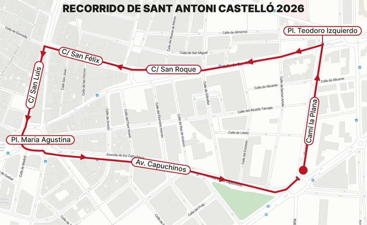Mapa con el nuevo recorrido del desfile con motivo de la festividad de Sant Antoni en Castelló el domingo que viene.