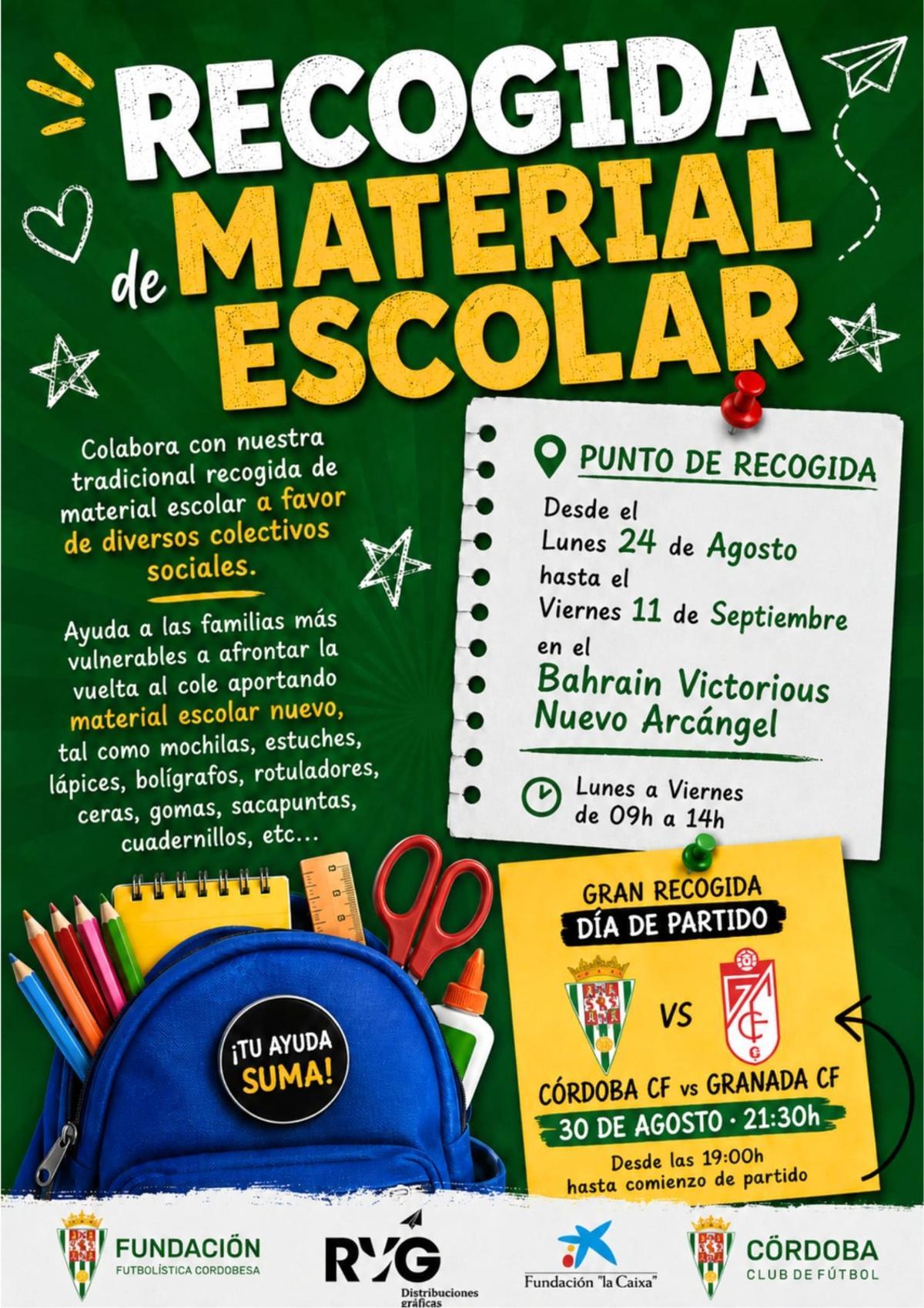Cartel oficial de la Recogida de Material Escolar de la Fundación Córdoba CF.