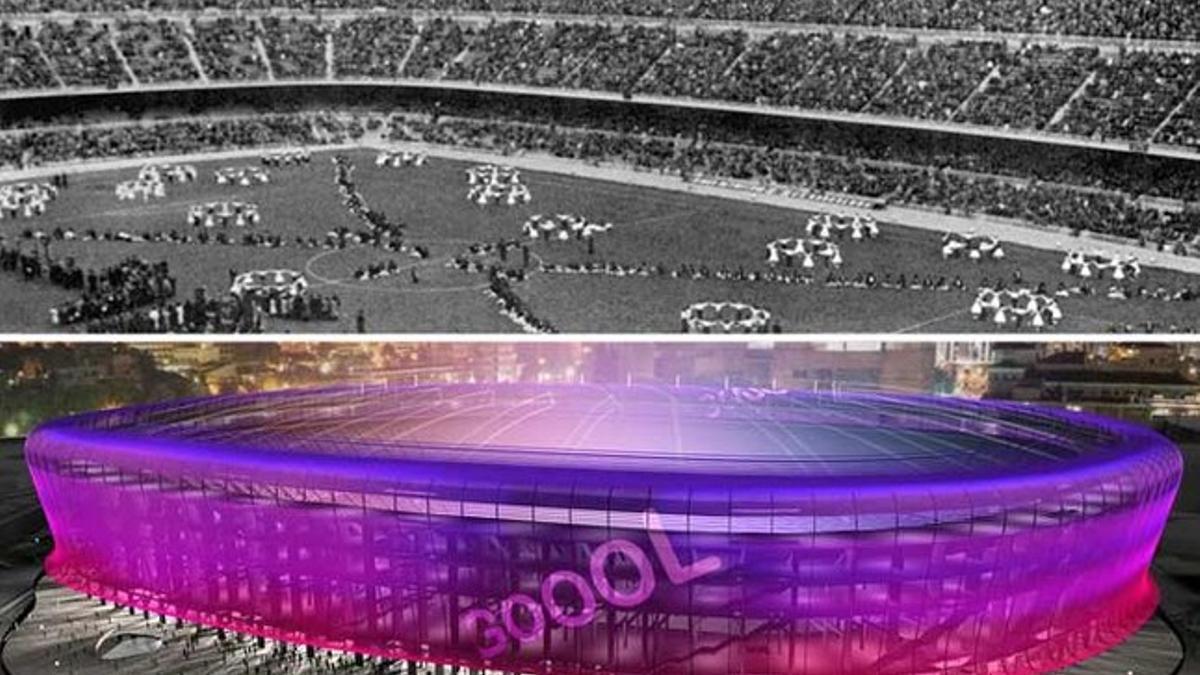 La fiesta de inauguración del Camp Nou y una imagen virtual del futuro estadio