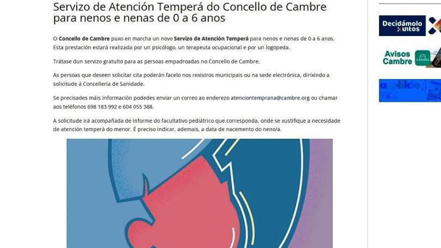 Web municipal de Cambre, ayer, con la información del servicio.  | // L.O.