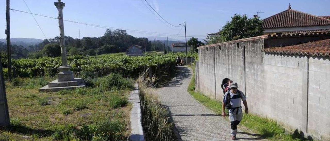 Un peregrino e inmuebles susceptibles de ser rehabilitados, en el Camiño Portugués de Valga. // N. Parga