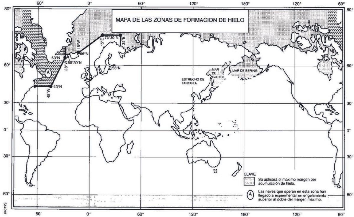 Mapa de las zonas de formación de hielos, según el Protocolo de Torremolinos de 1993 (vigente).