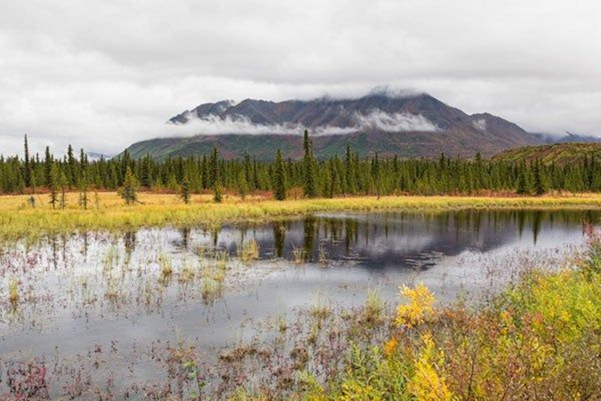 Montañas nubosas en Alaska en otoño.