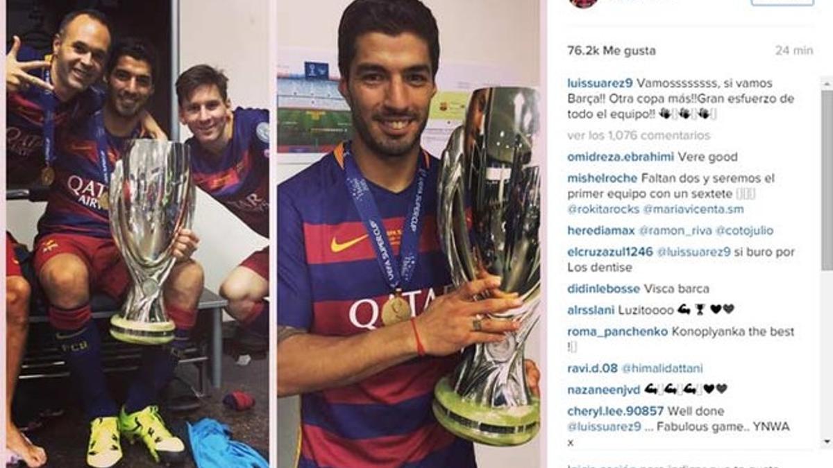 Luis Suárez, como muchos otros jugadores del Barça, expresó en las redes sociales su felicidad por la Supercopa obtenida