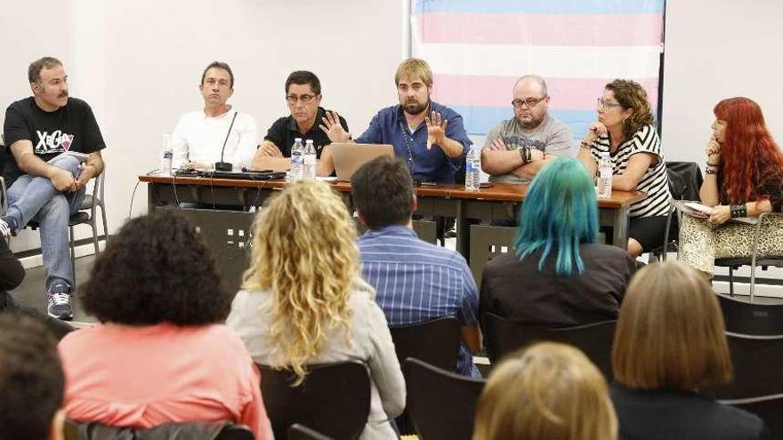 Por la izquierda, Borja Ibaseta, Ovidio Zapico, Armando Fernández, Daniel Ripa, Mané Fernández, Carmen Eva Pérez y Ana Fernández, ayer, en el debate sobre la futura ley trans regional.