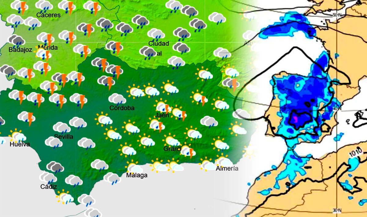 Imagenes de las lluvias el miércoles en Andalucía según Aemet y la predicción del modelo europeo.