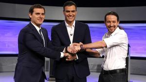 Albert Rivera, Pedro Sánchez y Pablo Iglesias en el debate organizado por El País