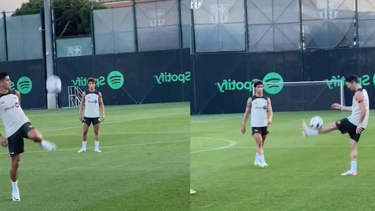 Lewandowski, Joao Félix y Cancelo dando toques en un entrenamiento