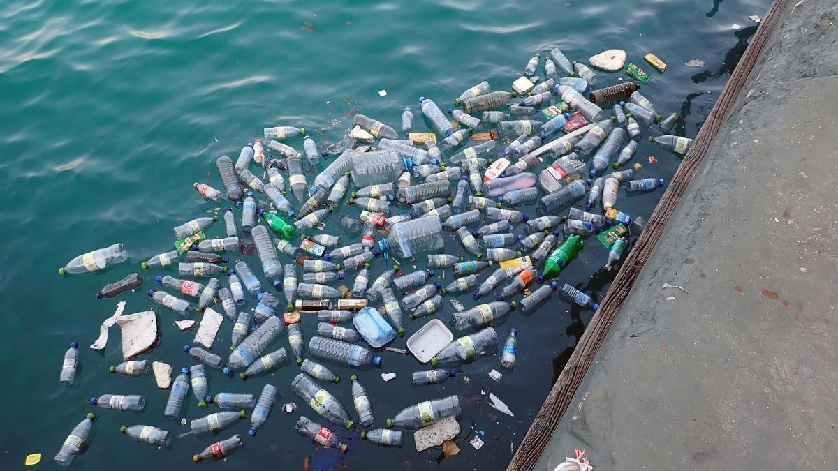 Botellas de plástico junto a un muelle.