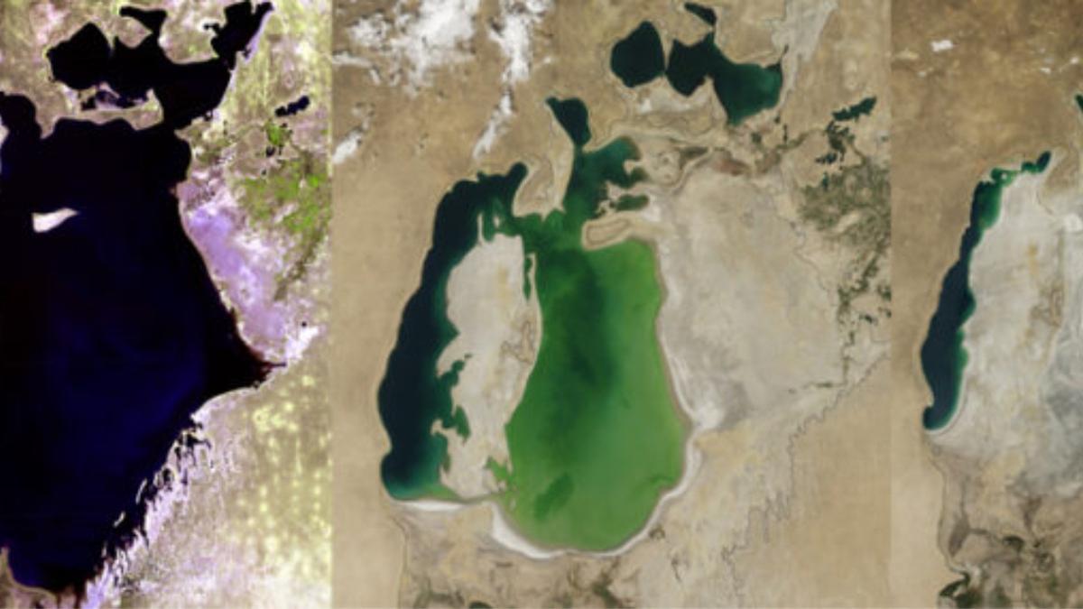 De izquierda a derecha: tres imágenes satelitales del Mar de Aral tomadas en los años 60, en 2000 y en 2014, respectivamente.