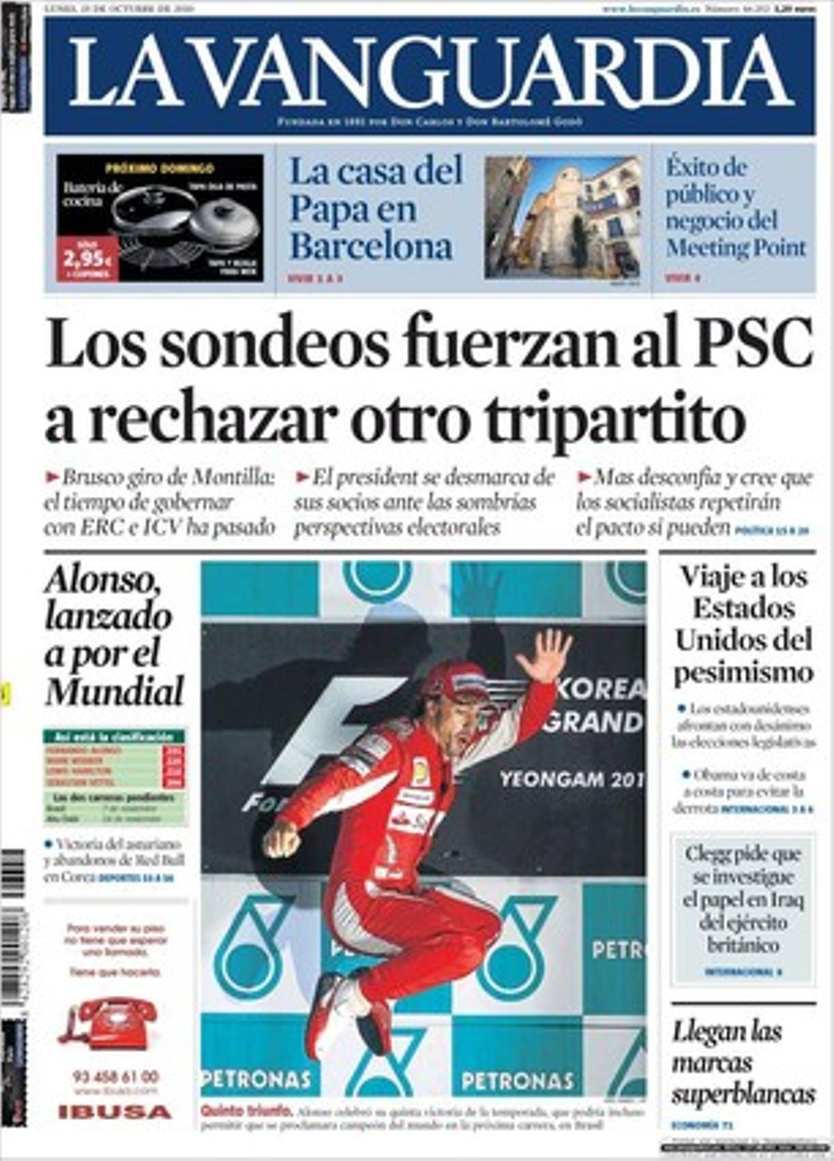 A les pàgines interiors ’La Vanguardia’ destaca que un sondeig de RAC 1 vaticina que CiU està a un pas de la majoria absoluta, que els promotors dels ports de la costa catalana s’exculpen de l’erosió de les platges, i que una trentena de clans de la Camorra i la N’dragueta operen a Espanya.