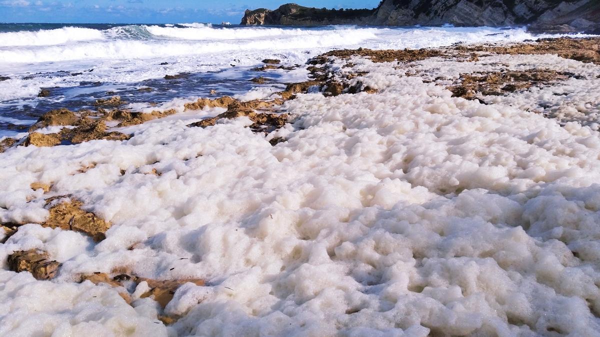 El manto de espuma marina que cubre parte de la costa de piedra tosca de la Cala Blanca