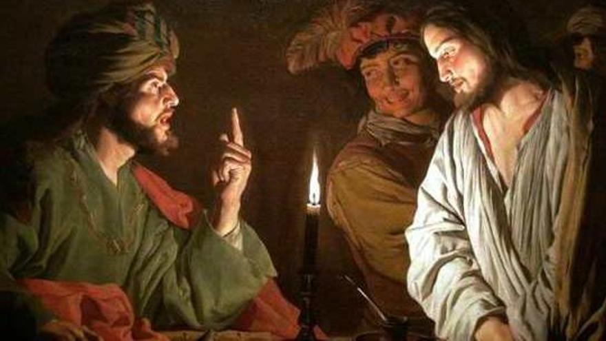 Una pintura de Matthias Stom que representa a Jesucristo ante el sacerdote Caifás.