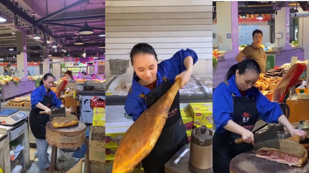 Técnica viral para cortar la pata de jamón en China