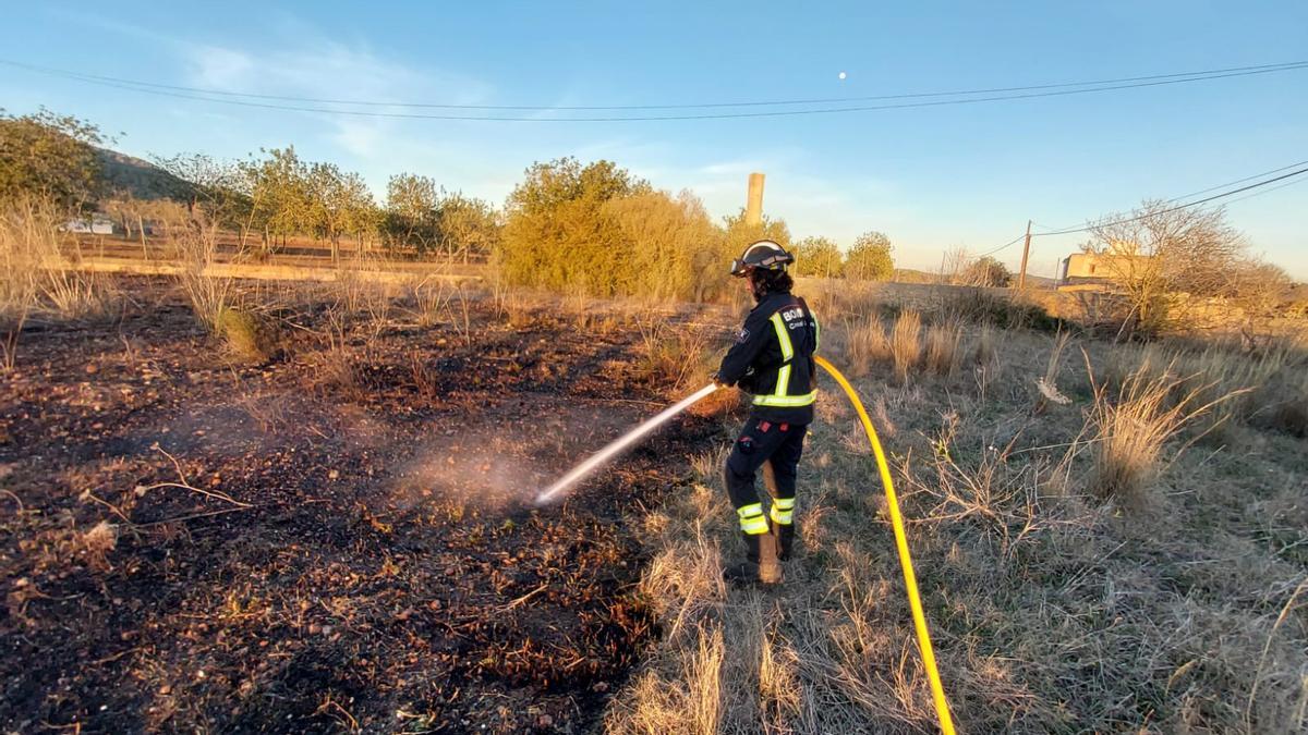 Un bombero apaga el incendio agrícola iniciado en el camí de sa Vorera