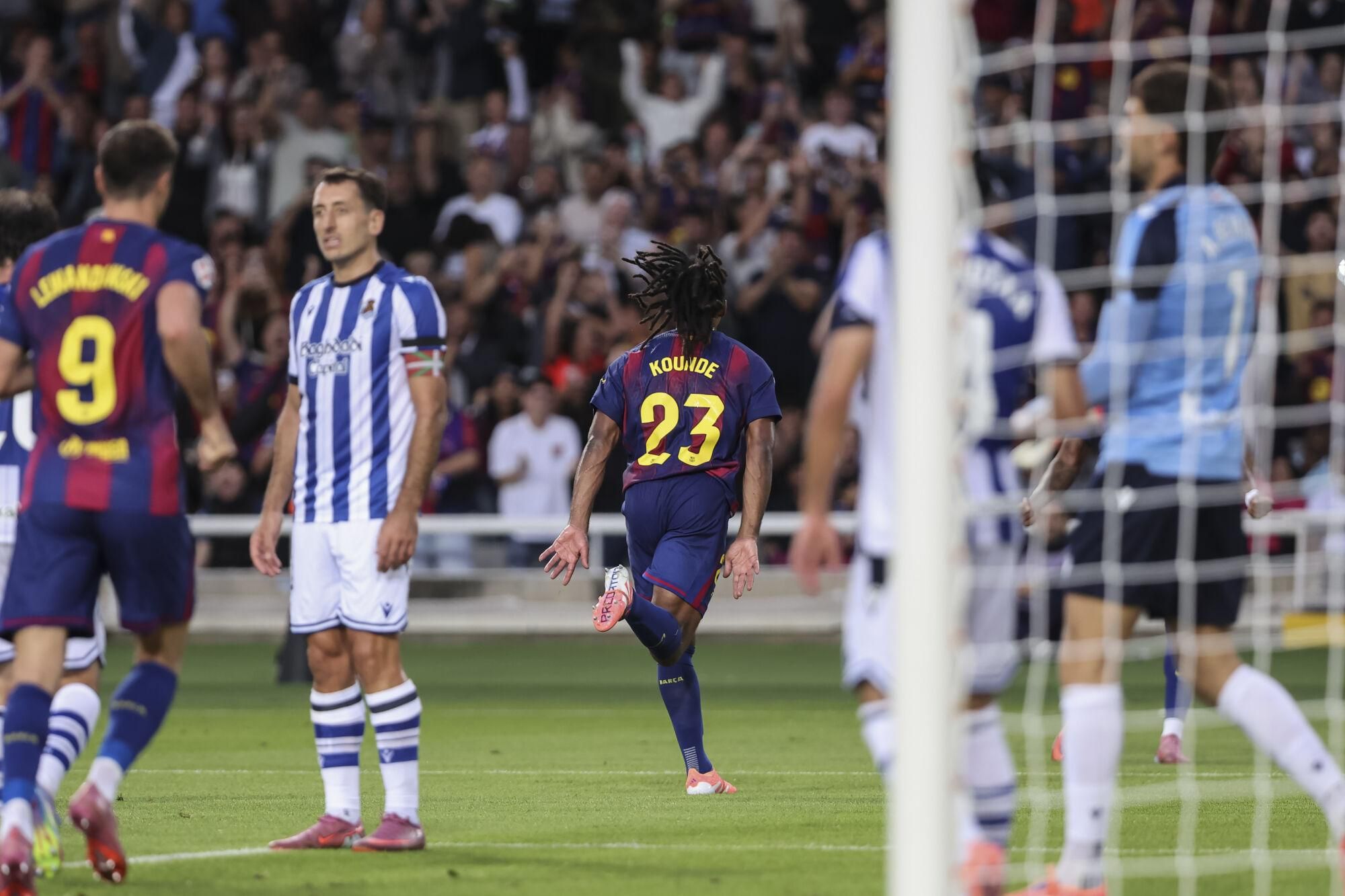 Jules Kounde of FC Barcelona celebrates a goal during the Spanish league, La Liga EA Sports, football match played between FC Barcelona and Real Sociedad at Estadi Olimpic Lluis Companys on September 28, 2025 in Barcelona, Spain. AFP7 28/09/2025 ONLY FOR USE IN SPAIN. Javier Borrego / AFP7 / Europa Press;2025;SPORT;ZSPORT;SOCCER;ZSOCCER;FC Barcelona v Real Sociedad - La Liga EA Sports;