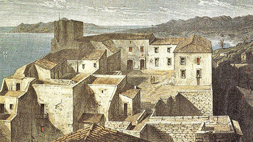 El Castell d&#039;Eivissa, en una imatge de 1867 (dibuix de l&#039;arxiduc Lluís Salvador d&#039;Àustria), on acudiren els revolucionaris eivissencs a negociar amb el governador militar que acceptàs l&#039;aixecament de La Gloriosa.