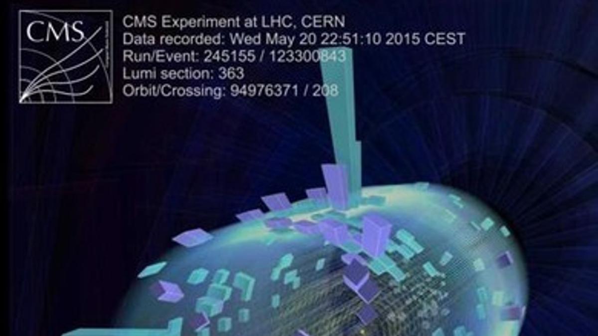 Representación gráfica de las colisiones en el LHC y la lluvia de partículas resultante, captadas en el experimento CMS