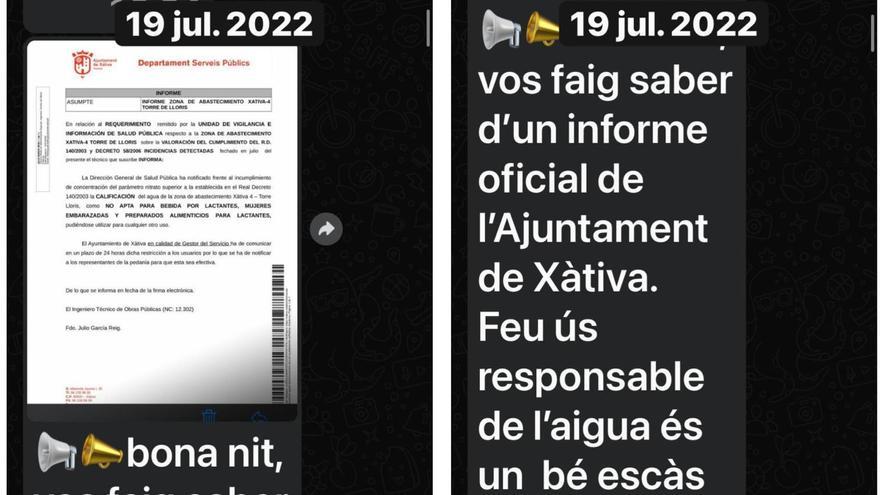 Notificaciones de la prohibición de consumo de agua en la Torre d'en Lloris.