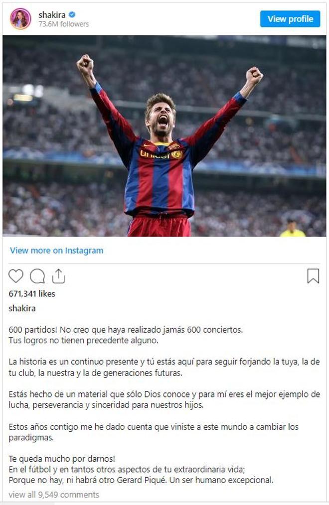 Este marzo de 2022, Piqué jugó su partido número 600 y Shakira lo felicitó con esta publicación.