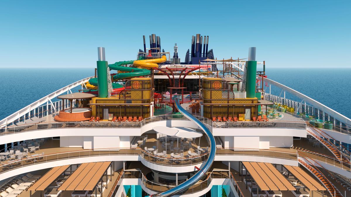 Imagen virtual del exterior del nuevo crucero MSC World Asia que debutará en 2026 y hará salidas desde Barcelona.