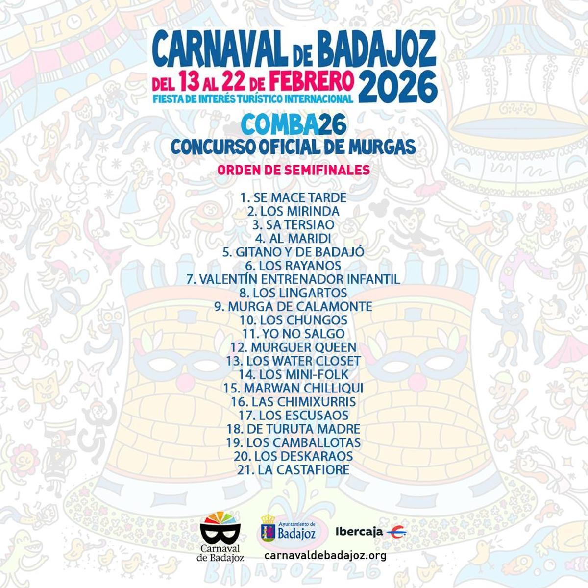 Orden de semifinales en el Concurso de Murgas 2026.