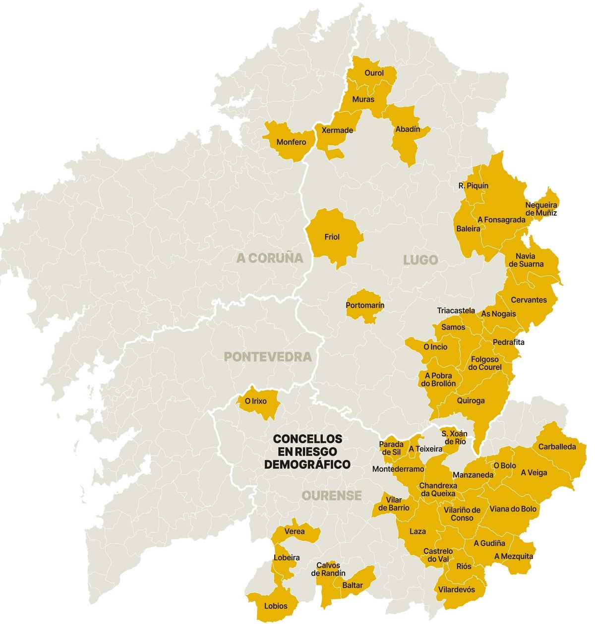 Mapa de los concellos de Galicia en riesgo demográfico.