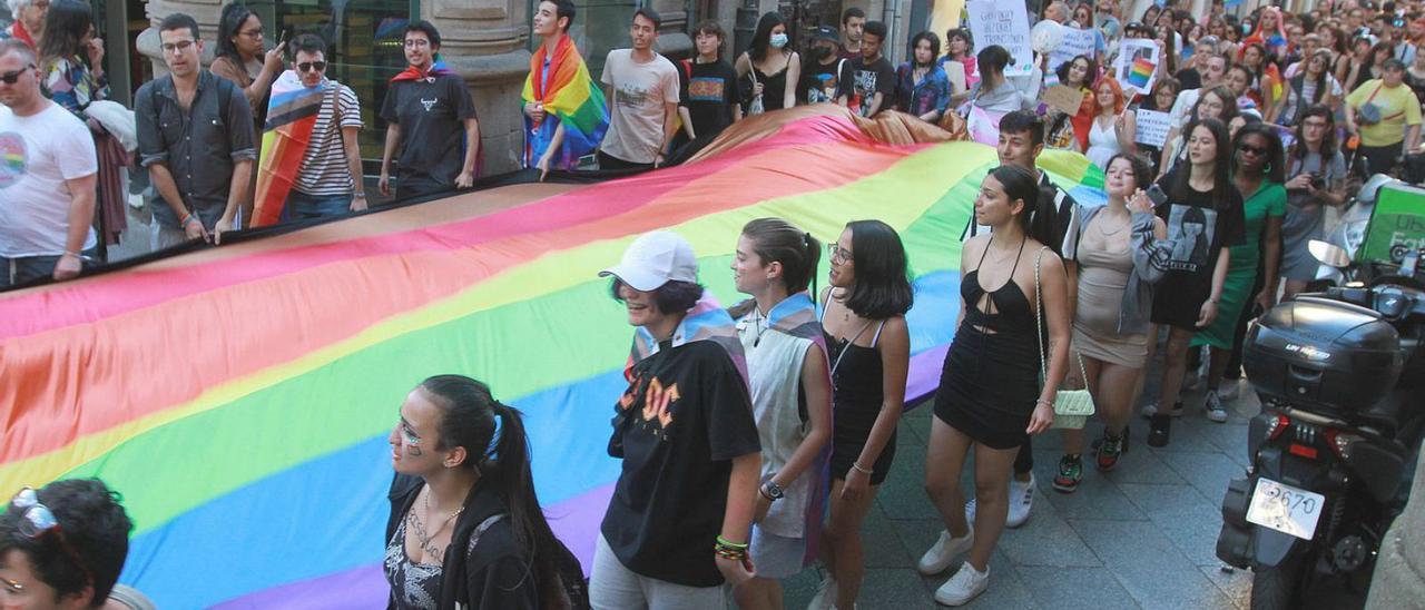 Una enorme bandera  LGBTi recorrió la ciudad portada por los manifestantes. |   // IÑAKI OSORIO