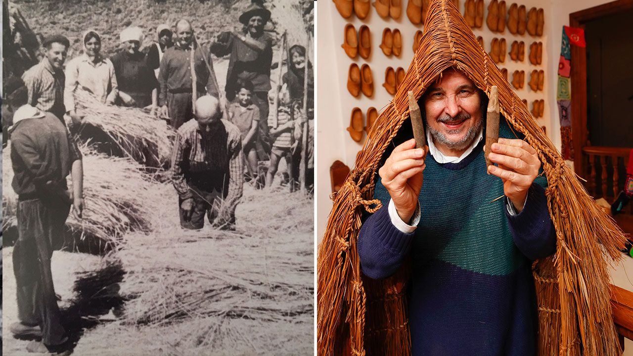 Ignacio Vilar sujeta dos billardas tapado con un corozo en el Museo Etnográfico del Liste. A la izquierda, una jornada de "Malla" en Castrofita de Petín en 1957