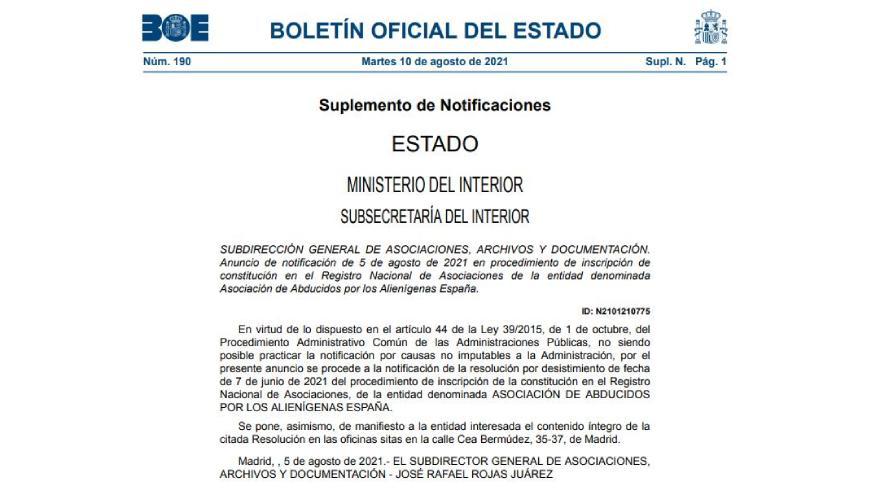 Página del BOE del pasado martes 10 de agosto, en el que se notifica la aprobación de la Asociación de Abducidos por los Alienígenas de España