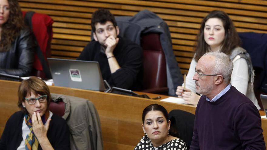 Montiel, con parte del grupo de Podemos en el último pleno de las Corts.