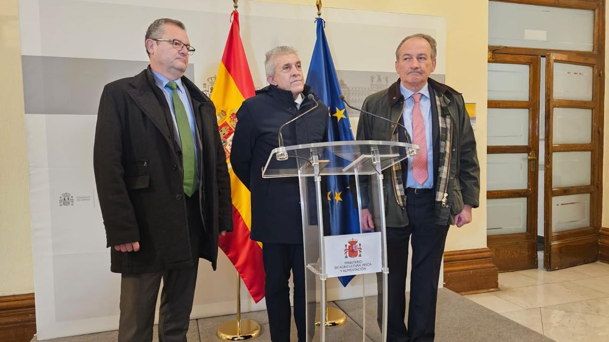 El consejero de Agricultura, Ángel Samper (centro), en su comparecencia ante los medios antes de la sectorial con el ministerio.