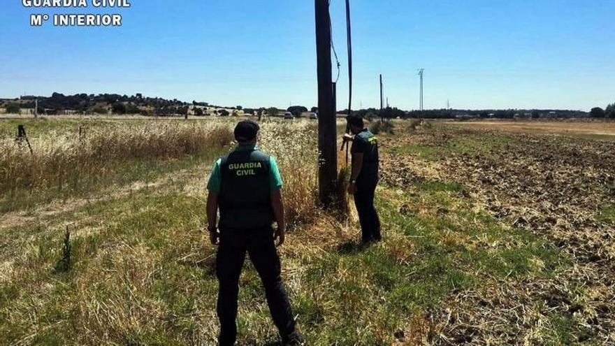 Dos guardias civiles inspeccionan uno de los postes del tramo de red afectado.